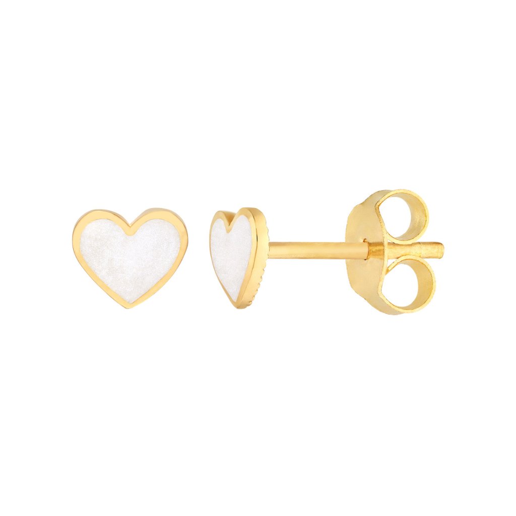 14k Solid Gold Small White Enamel Heart Stud Earrings 188$